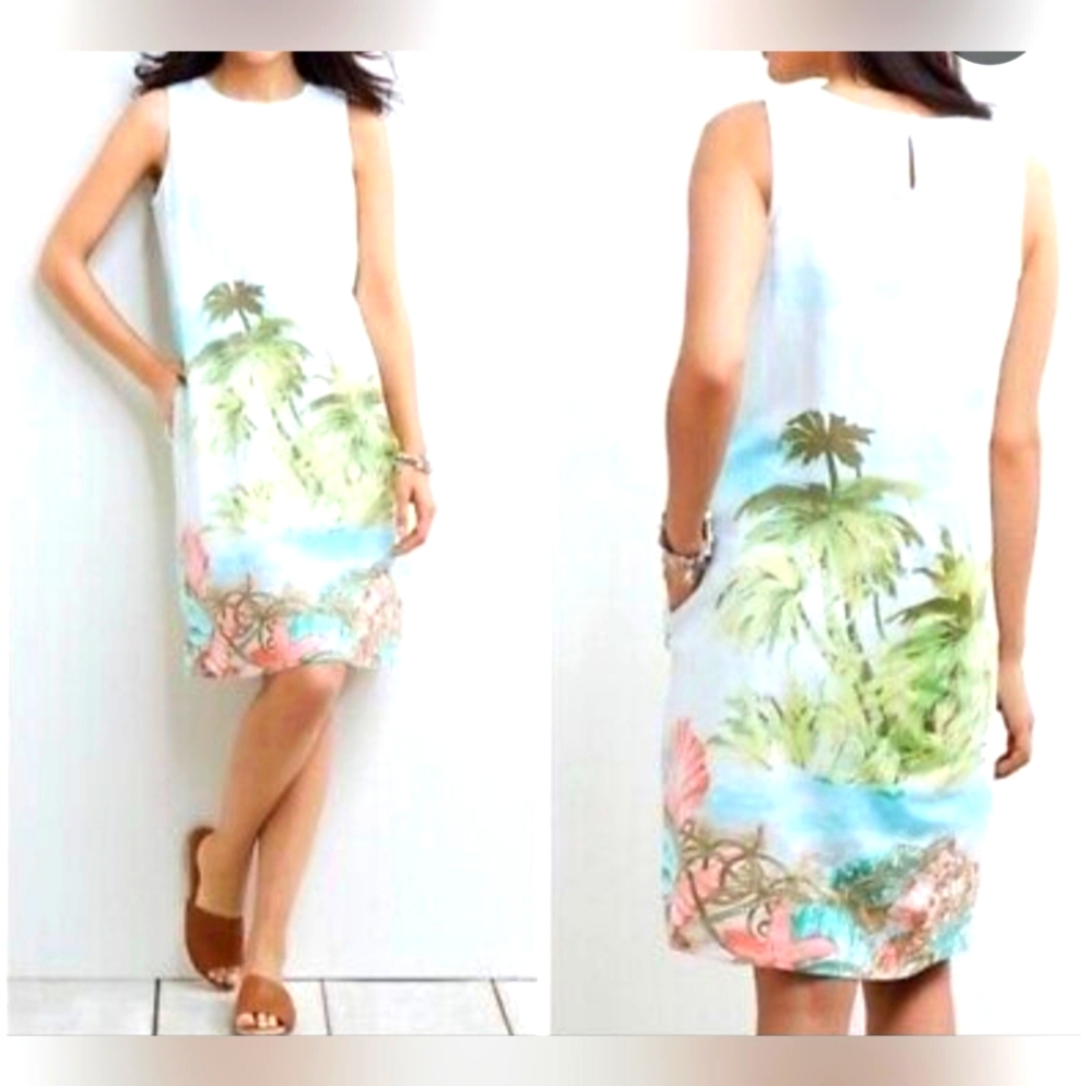 Ladies J Jill Love Linen Tropical Sleeveless Dress Beach Scene Cruise Med Lined